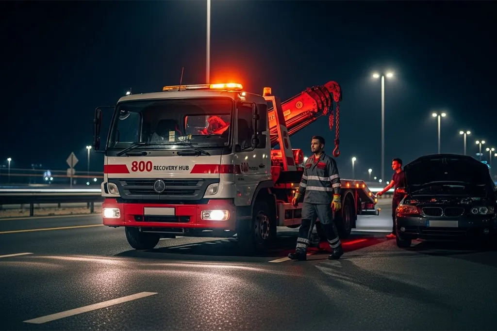 Tow truck arriving at a roadside breakdown at night, with a technician assisting a car within the city highway.