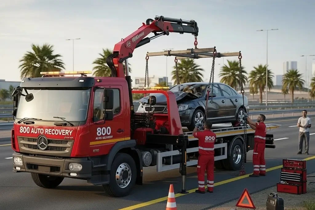 Accident flatbed recovery service providing safe, damage-free vehicle transport after an accident.