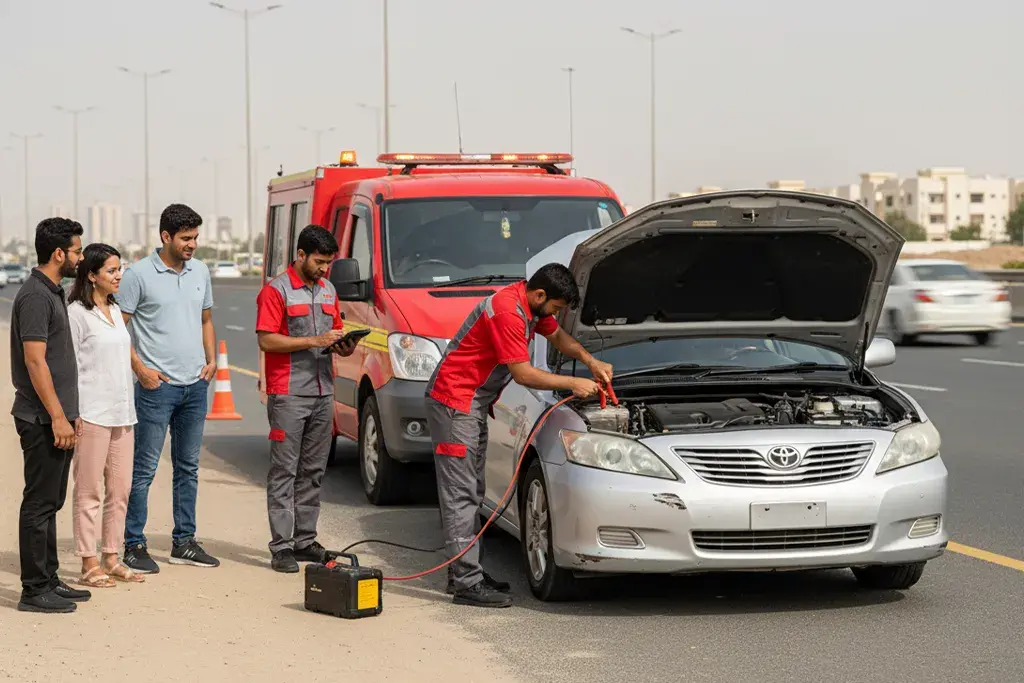 Technician performing a battery jump start on a vehicle using jumper cables on the roadside.