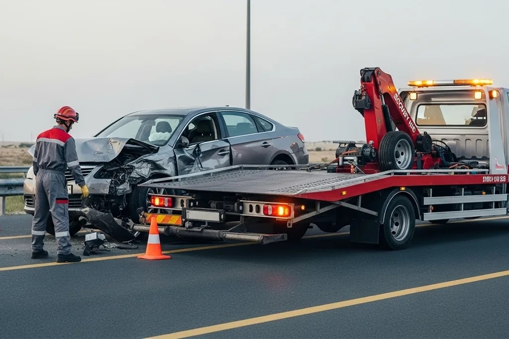 Car accident towing process removing a collision-damaged vehicle from the roadway.