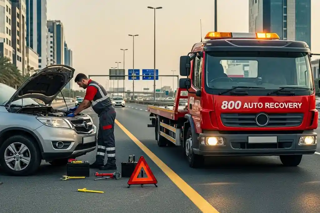 Car breakdown recovery technician inspecting a vehicle on the roadside with safety cones, while a recovery truck stands by.