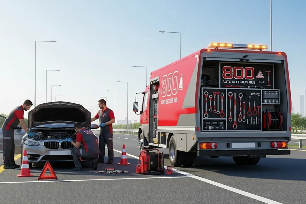 Car breakdown recovery service with a tow truck assisting a stalled vehicle on the roadside.