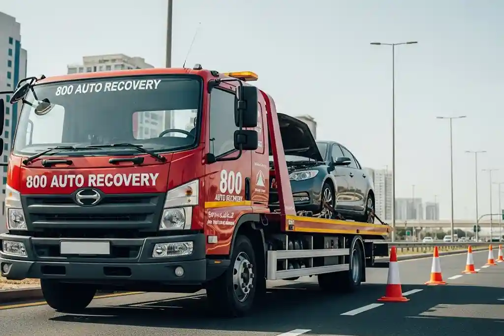 Flatbed tow truck lifting a vehicle for transport on a highway with safety cones on the roadside.