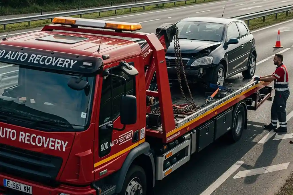 Car towing service with a tow truck lifting a vehicle for secure transport from a roadside location.