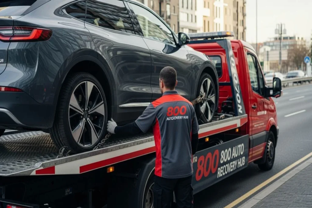 Electric vehicle (EV) flatbed recovery service offering safe, damage-free transport for electric cars.