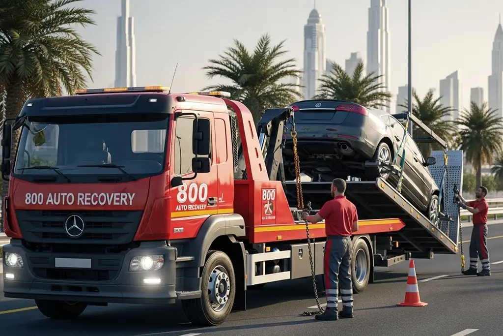 Emergency car towing service with a tow truck assisting a broken-down vehicle on the roadside.