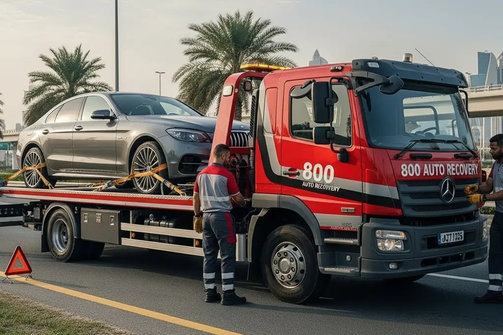 Flatbed towing service providing secure and damage-free vehicle transport for all types of cars.
