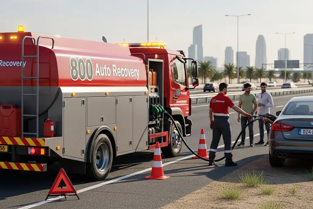 Fuel delivery technician providing fuel to a stranded vehicle on the roadside with a fuel delivery truck.