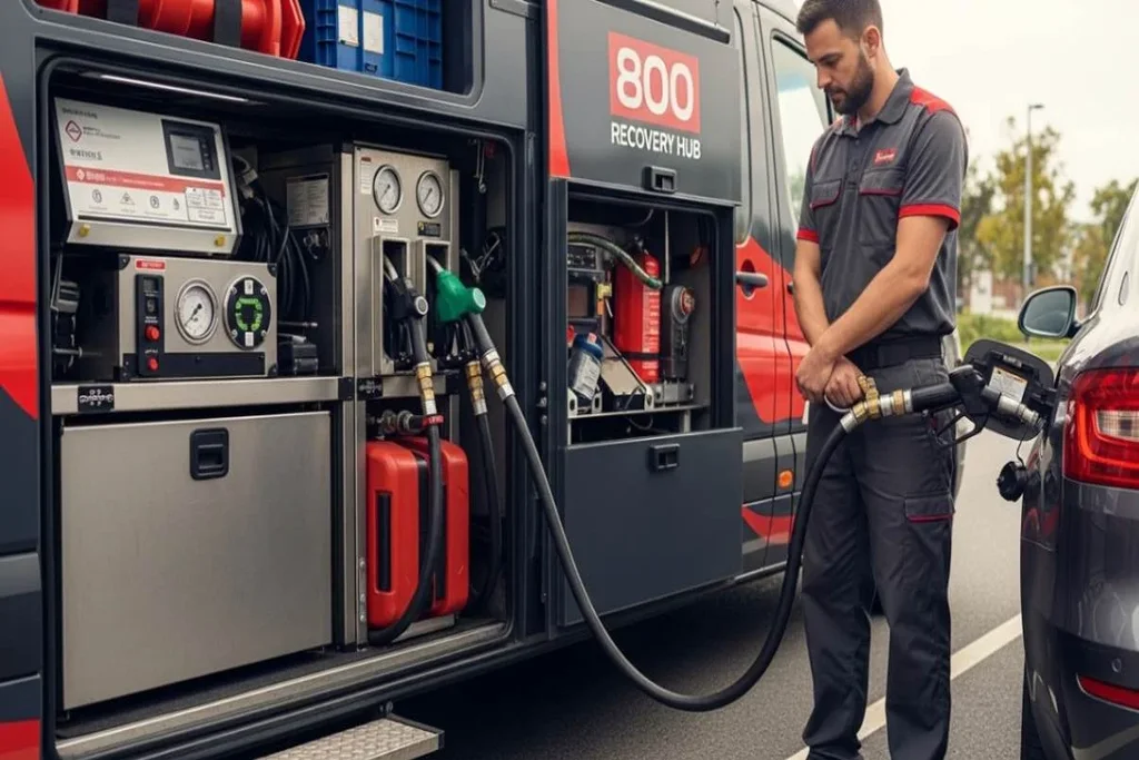 Technician delivering fuel to a stranded vehicle on the roadside with a fuel delivery truck and safety cones.