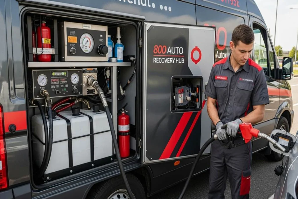Fuel delivery service providing fuel to a stranded vehicle on the roadside with a fuel truck.