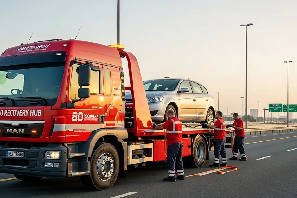 Long distance car towing transporting a vehicle securely over an extended route.
