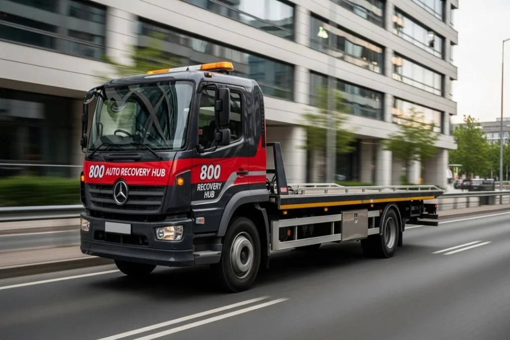 Nearest flatbed truck being dispatched to pick up a vehicle for safe and damage-free transport.