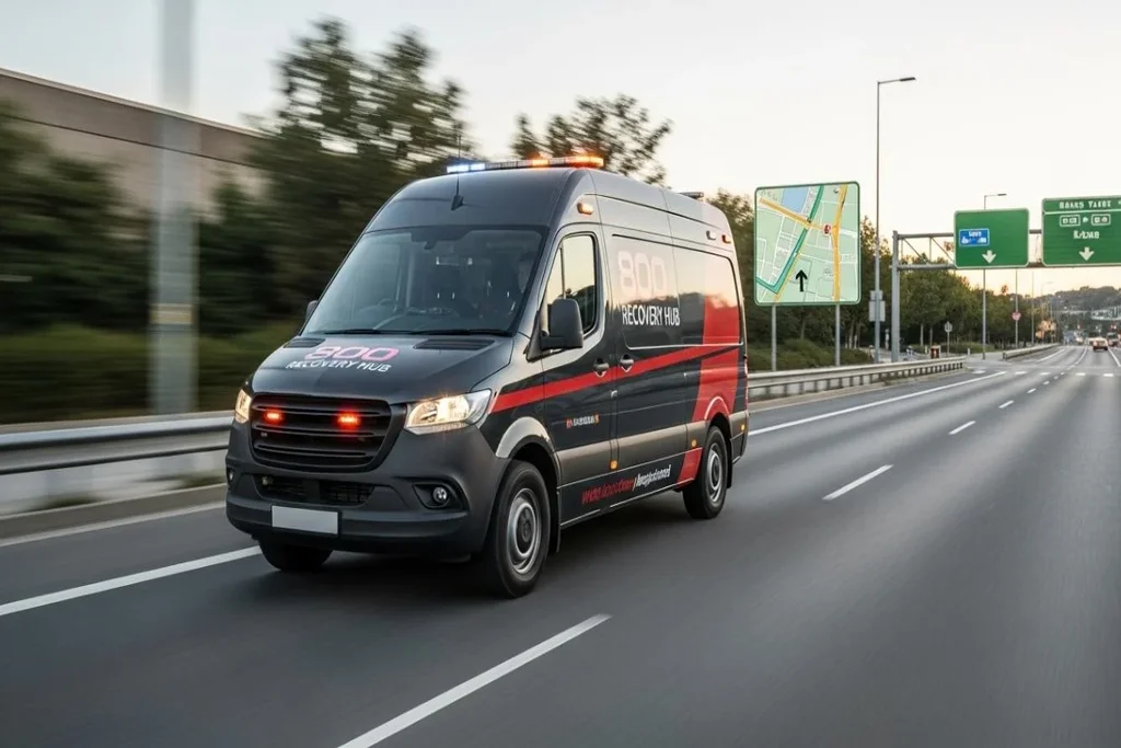 Nearest technician arriving on-site to provide roadside assistance to a vehicle in need.