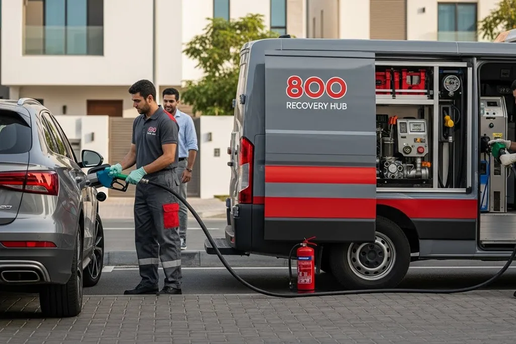 Mobile fuel delivery service providing fuel to a vehicle at a remote location, with a technician assisting.