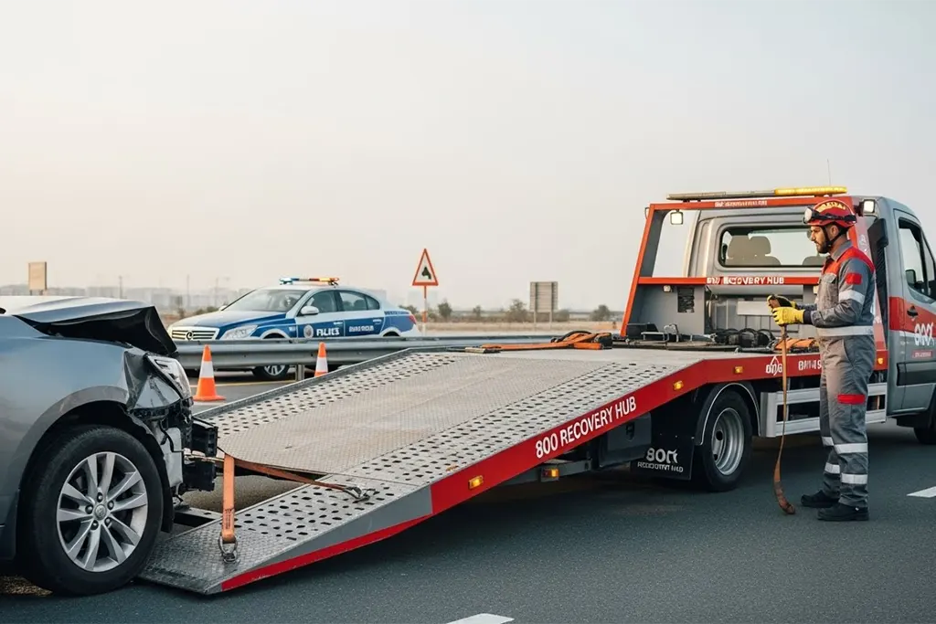 Police-requested accident towing removing a damaged vehicle from the road under official instruction.