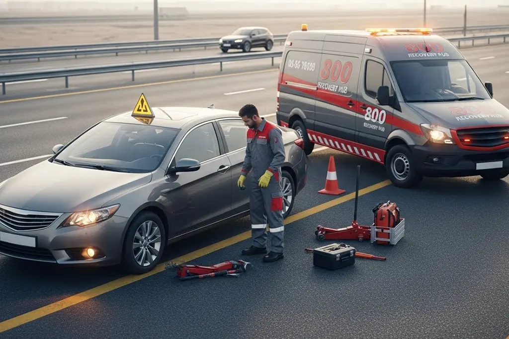 Roadside assistance technician inspecting a broken-down car on the highway with a service van and safety cones.