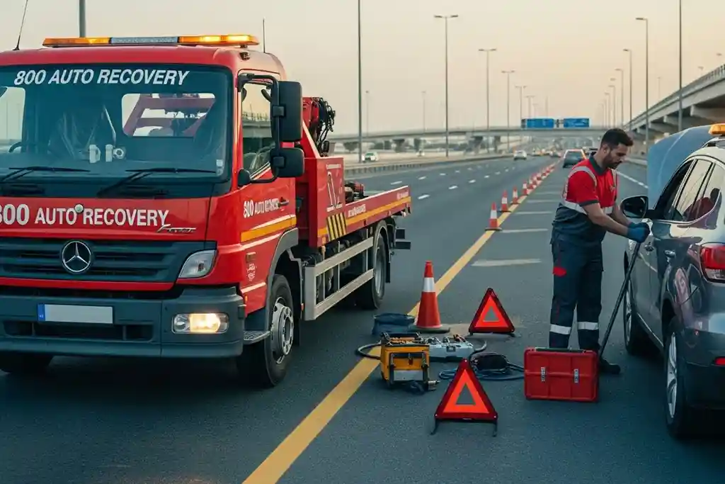 Roadside assistance technician providing help to a stranded vehicle on the highway with a service van and safety cones nearby.