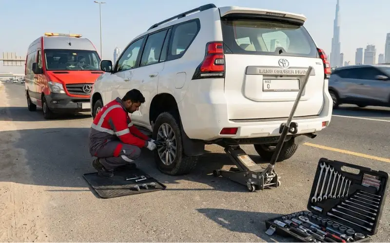 Technician repairing a flat tyre on the roadside using professional tools and safety cones.