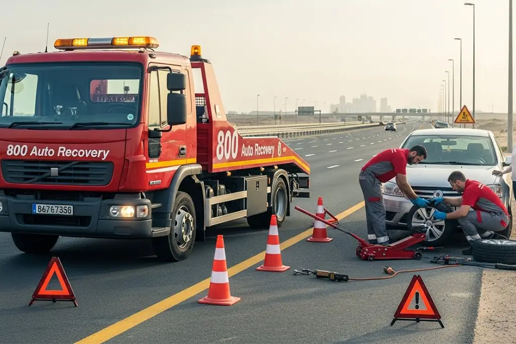 Technician repairing a flat tyre on the roadside using professional tools and equipment.