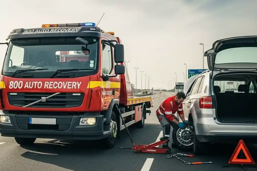 Technician performing on-site tyre repair or replacement, with a mobile service truck in the background.
