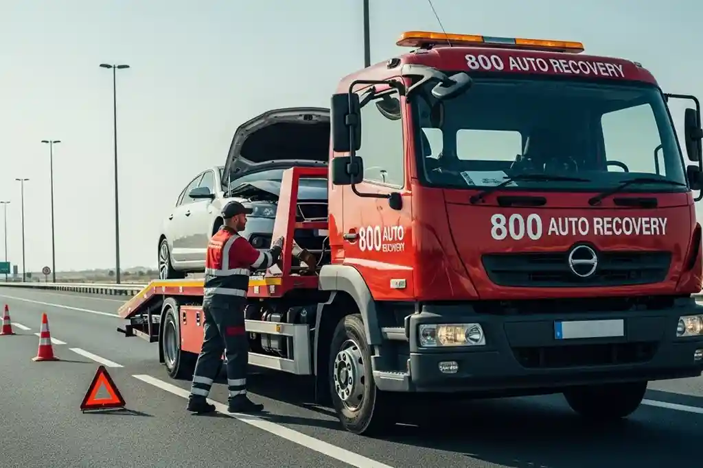 Tow truck loading a broken-down vehicle on the roadside with a technician securing it for transport.