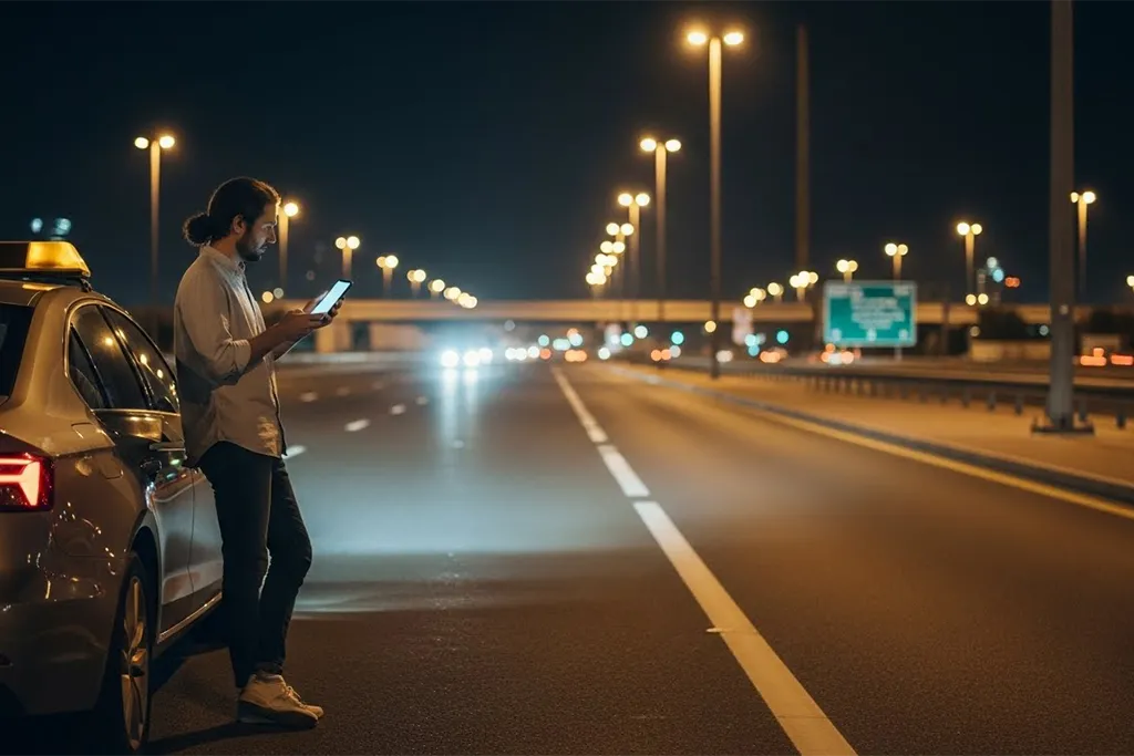 Driver standing beside a broken-down car at night, sharing live location on a phone to request car towing assistance.