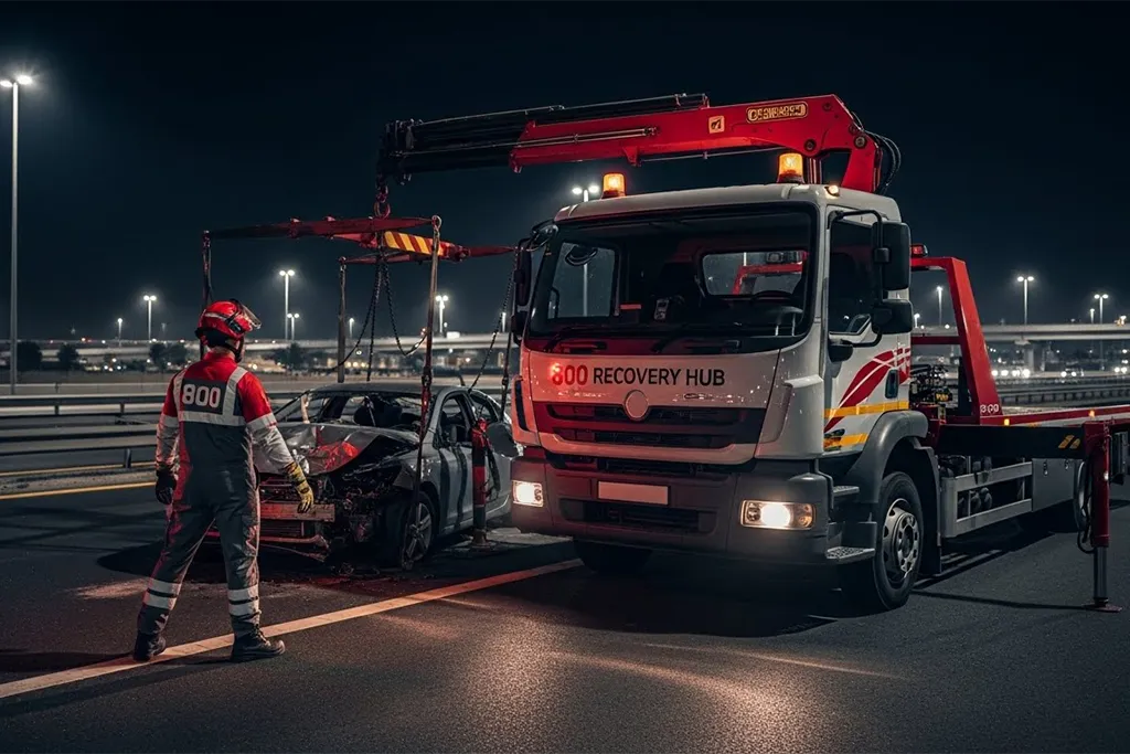 Car accident recovery truck handling a damaged vehicle at night with recovery staff securing the scene.