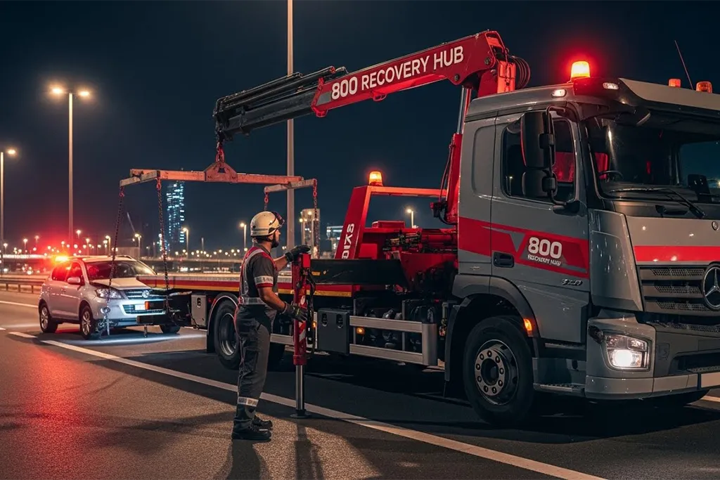 Car breakdown recovery truck assisting a stalled vehicle on a city road at night with safety lights active.