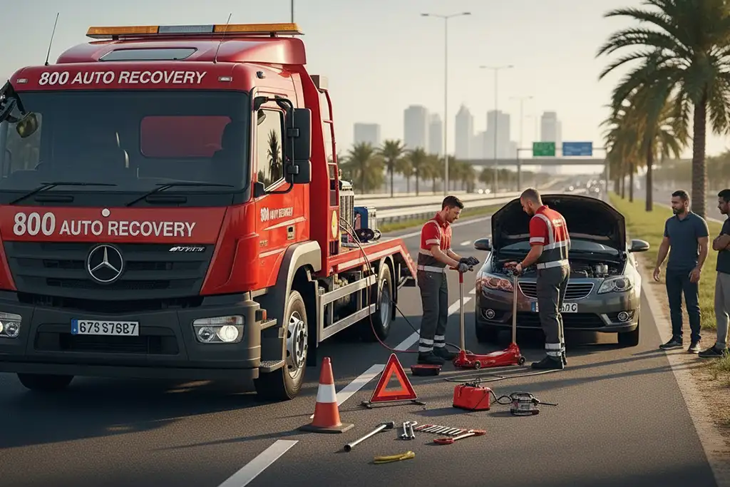Car breakdown recovery in progress with a recovery truck and technician assisting a stalled vehicle on the roadside.