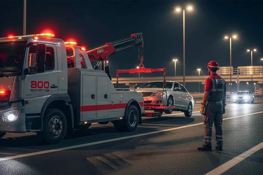 Emergency car towing service with a tow truck assisting a vehicle on the roadside during an urgent situation.