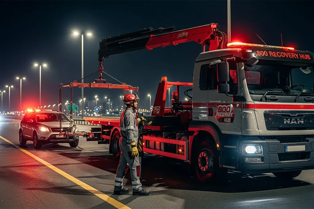 Emergency car recovery truck dispatched at night with a recovery operator securing the roadside area.