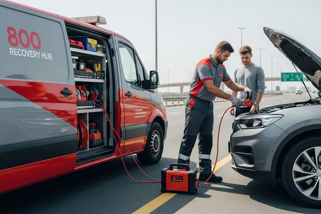 Technician performing battery inspection and jump starting a vehicle on the roadside.