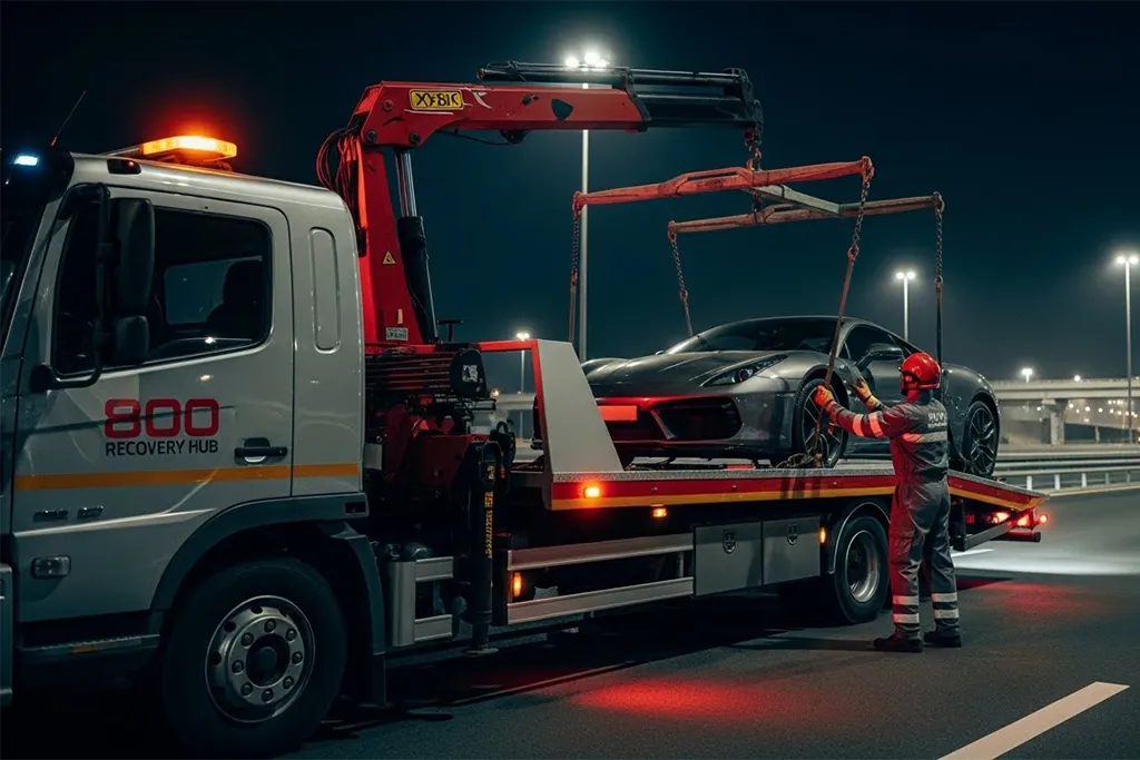 Flatbed towing truck loading a luxury sports car, ensuring secure transport without damage.