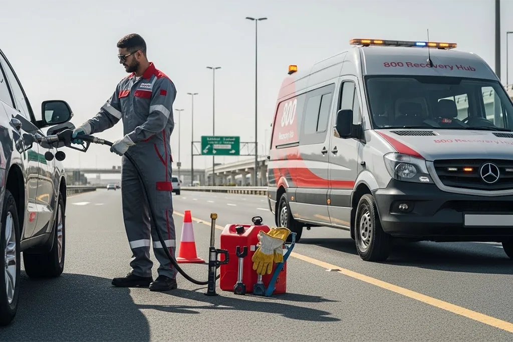 Fuel delivery technician providing fuel to a stranded vehicle on the roadside with a fuel truck.