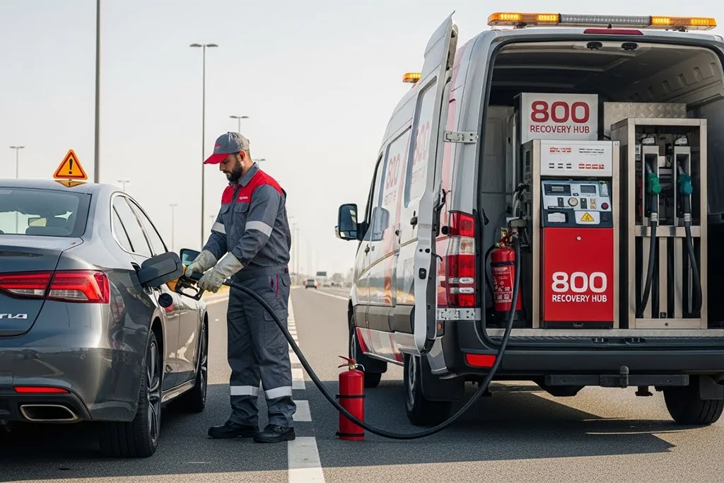 Fuel delivery technician providing fuel to a stranded vehicle on the roadside with a fuel truck.