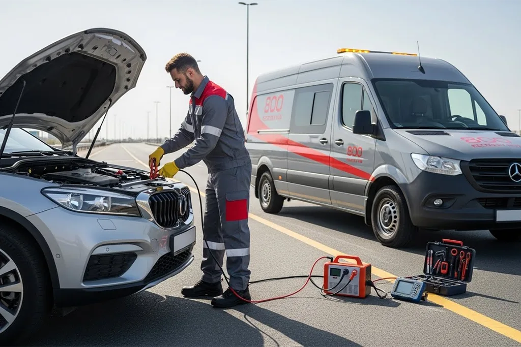 Technician performing a jump start on a car with jumper cables on the roadside.