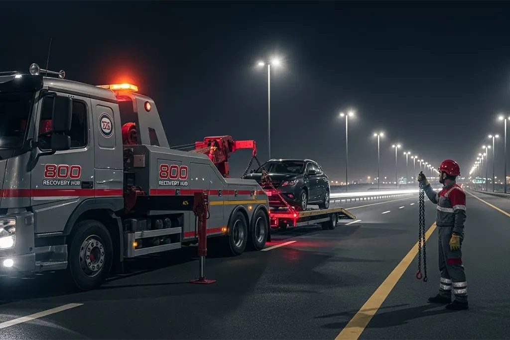 Long-distance towing truck transporting a vehicle across UAE roads with secure loading and handling.