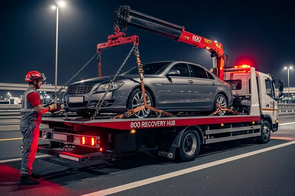 Secure vehicle transport with a flatbed tow truck safely loading a vehicle for damage-free transport.