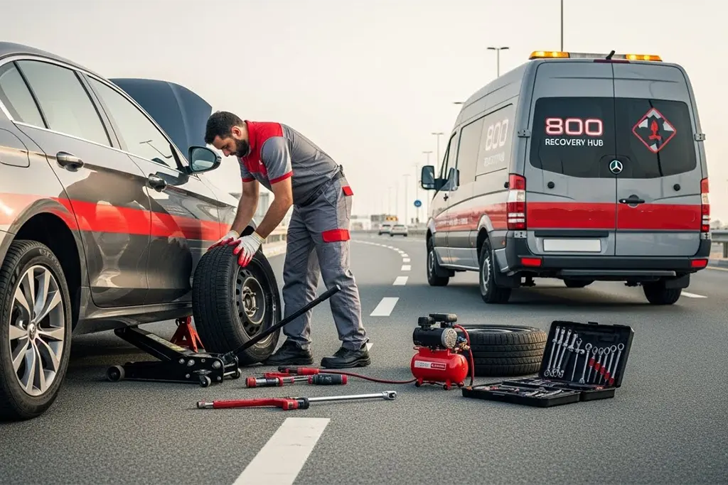 Technician repairing a flat tyre on a vehicle on the roadside using professional tools.
