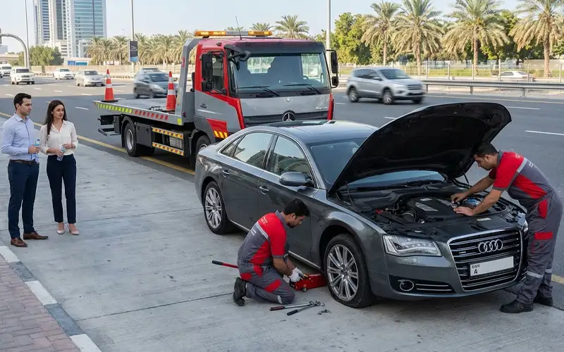 On-road support service for Audi vehicles providing quick roadside assistance for breakdowns and emergencies.