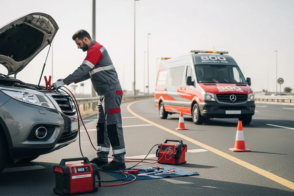 Technician performing a jump start on a vehicle using jumper cables on the roadside.